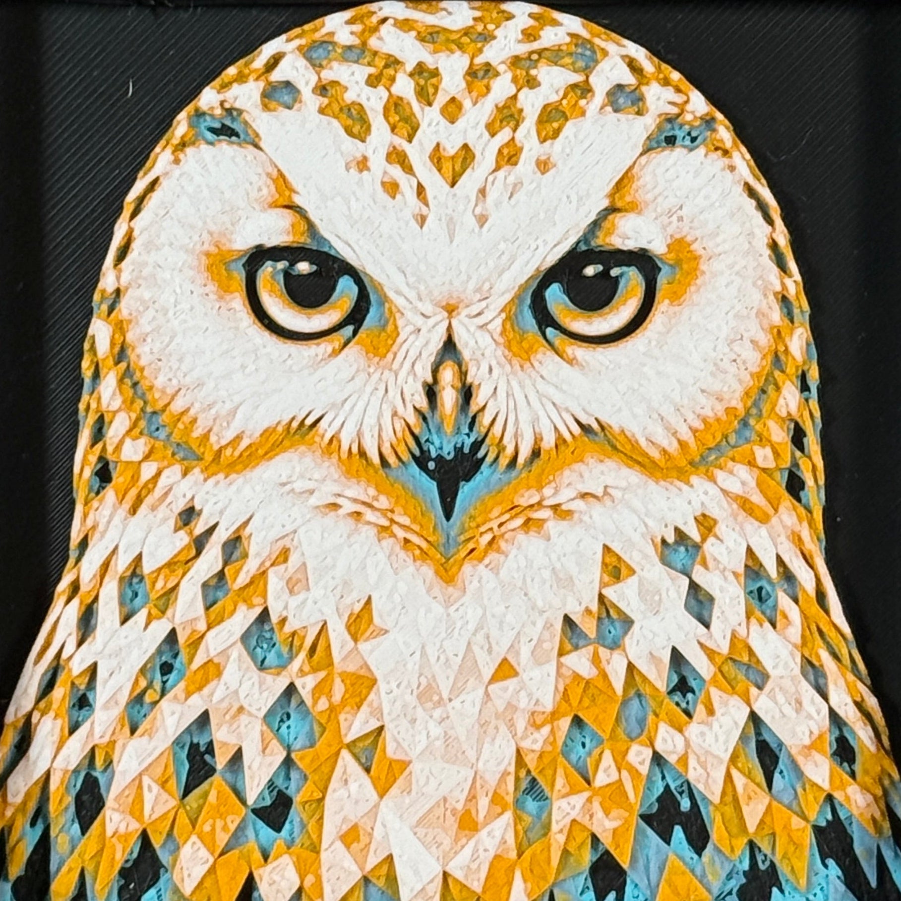 Framed geometric owl layered 3D art piece featuring a stylized owl design in a bright Teal Orange color palette.
