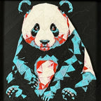 Geometric panda framed layered 3D art in Crimson Ice color palette, featuring a bold panda portrait with cyan, red, magenta, black, and white layered details inside a charcoal matte display frame.