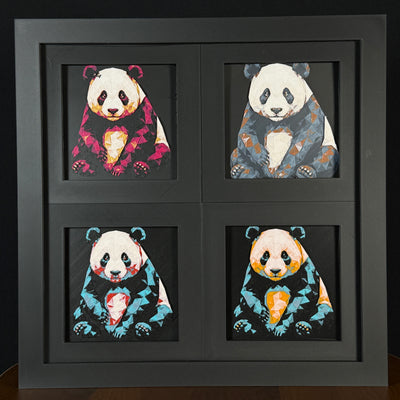 Four-panel framed geometric panda layered 3D art set showing the panda design in Heritage, Crimson Ice, Royal Gold, and Teal Orange color palettes inside a charcoal matte four-pack display frame.