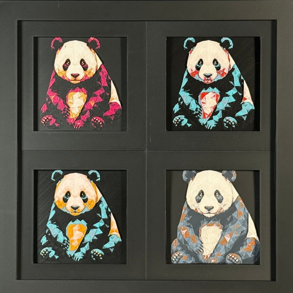 Geometric panda framed layered 3D art in Royal Gold color palette, featuring a bold panda portrait with gold, blue, black, and white layered details inside a charcoal matte display frame.