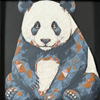 Geometric panda framed layered 3D art in Heritage color palette, featuring a bold panda portrait with soft white, gray, black, and neutral brown layered details inside a charcoal matte display frame.