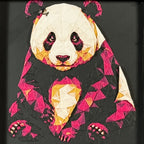 Geometric panda framed layered 3D art in Royal Gold color palette, featuring a bold panda portrait with gold, blue, black, and white layered details inside a charcoal matte display frame.