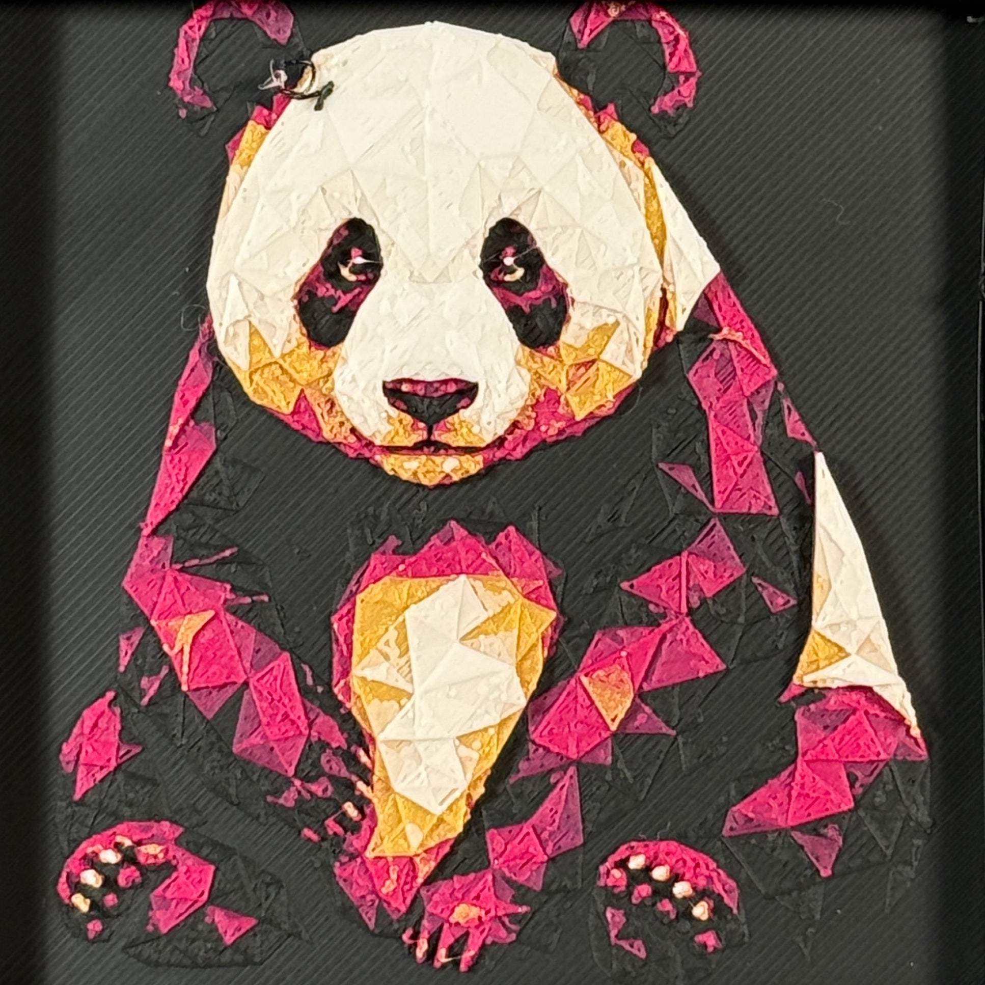 Geometric panda framed layered 3D art in Royal Gold color palette, featuring a bold panda portrait with gold, blue, black, and white layered details inside a charcoal matte display frame.