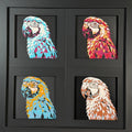 Four-panel framed geometric capybara layered 3D art set showing the Parrot design in Heritage, Crimson Ice, Royal Gold, and Teal Orange color palettes inside a charcoal matte four-pack display frame.