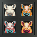 Four-panel framed geometric pig layered art set showing the same front-facing pig portrait in four WTX3D color palettes, arranged in a charcoal black 2x2 frame with large ears, bright snout detail, and high-contrast layered color.
