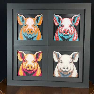 Four-panel framed geometric pig layered 3D art set showing the pig design in Heritage, Crimson Ice, Royal Gold, and Teal Orange color palettes inside a charcoal matte four-pack display frame.