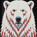 Framed geometric polar bear layered 3D art piece featuring a stylized white bear design with a striking Crimson Ice color palette background and accent lines.