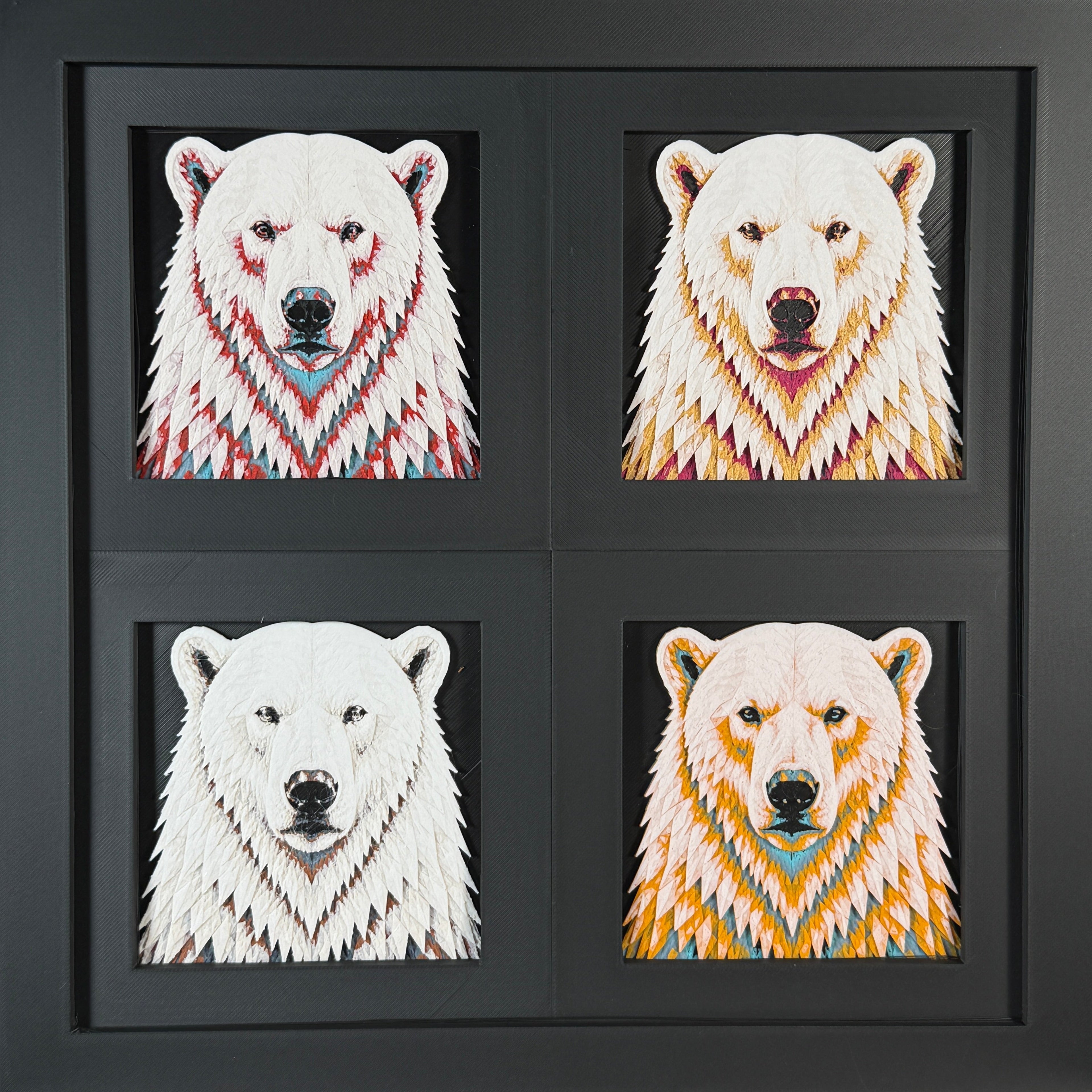 Four-panel framed geometric Polar Bear layered 3D art set showing the Polar Bear design in Heritage, Crimson Ice, Royal Gold, and Teal Orange color palettes inside a charcoal matte four-pack display frame.