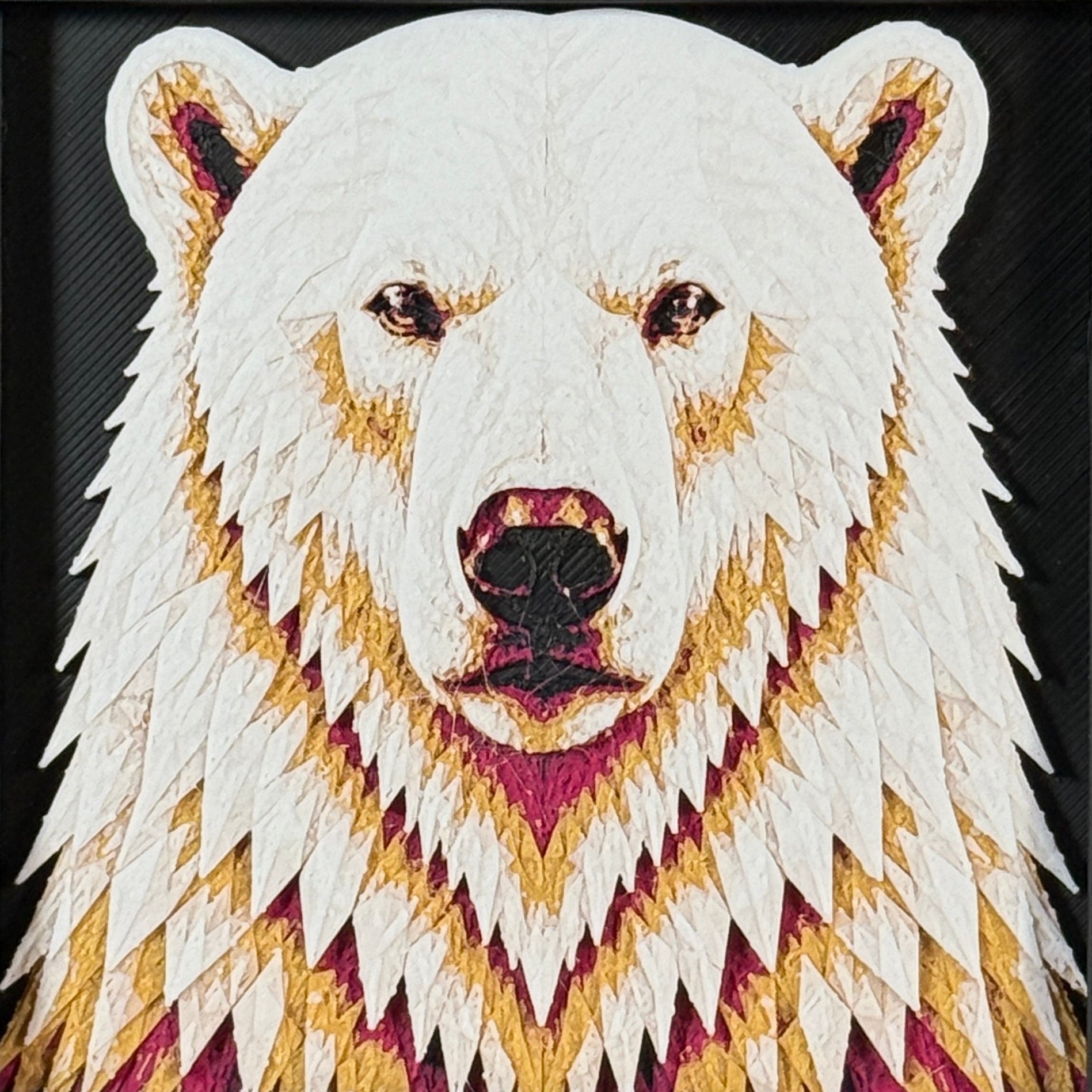 Framed geometric polar bear layered 3D art piece featuring a stylized white bear design with warm gold and tan geometric highlights.
