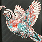 Geometric quail framed layered 3D art in Crimson Ice color palette, featuring a flying quail with cyan, red, black, and white layered details inside a charcoal matte display frame.
