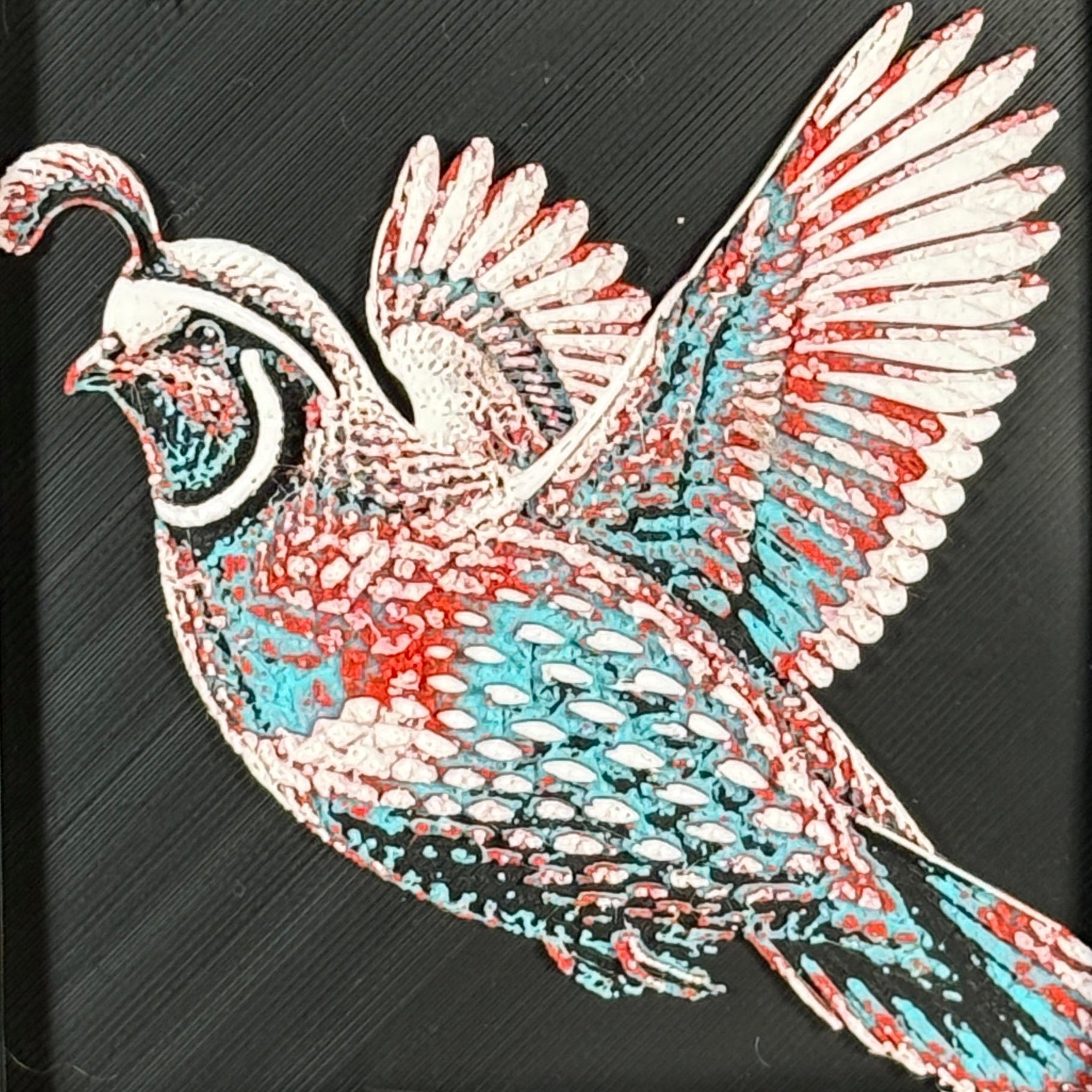 Geometric quail framed layered 3D art in Crimson Ice color palette, featuring a flying quail with cyan, red, black, and white layered details inside a charcoal matte display frame.
