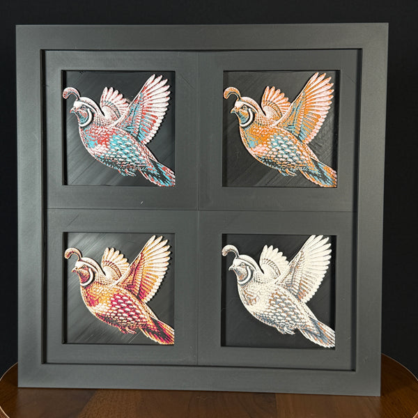 Four-panel framed geometric quail layered art set showing the same quail design in four WTX3D color palettes, arranged in a charcoal black 2x2 frame with detailed feather texture, raised wings, and high-contrast layered color.