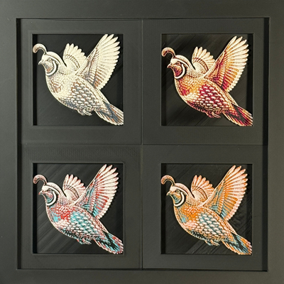 Four-panel framed geometric quail layered art set showing the same quail design in four WTX3D color palettes, arranged in a charcoal black 2x2 frame with detailed feather texture, raised wings, and high-contrast layered color.