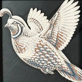 Geometric quail framed layered 3D art in Heritage color palette, featuring a flying quail with soft white, gray, black, and neutral layered details inside a charcoal matte display frame.