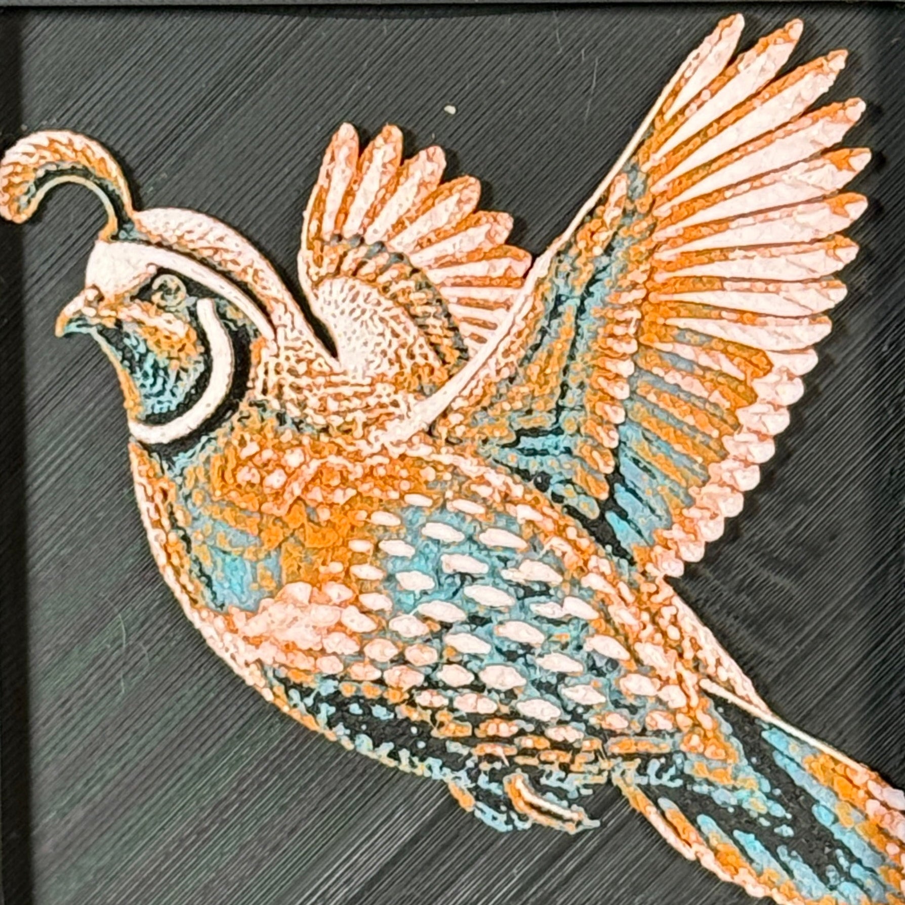 Geometric quail framed layered 3D art in Teal Orange color palette, featuring a flying quail with turquoise, orange, black, and white layered details inside a charcoal matte display frame.