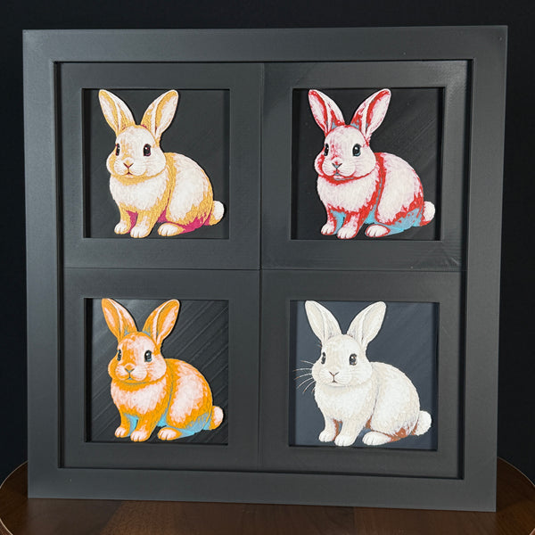 Four-panel framed geometric rabbit layered art set showing the same sitting rabbit design in four WTX3D color palettes, arranged in a charcoal black 2x2 frame with tall ears, soft fur detail, and high-contrast layered color.