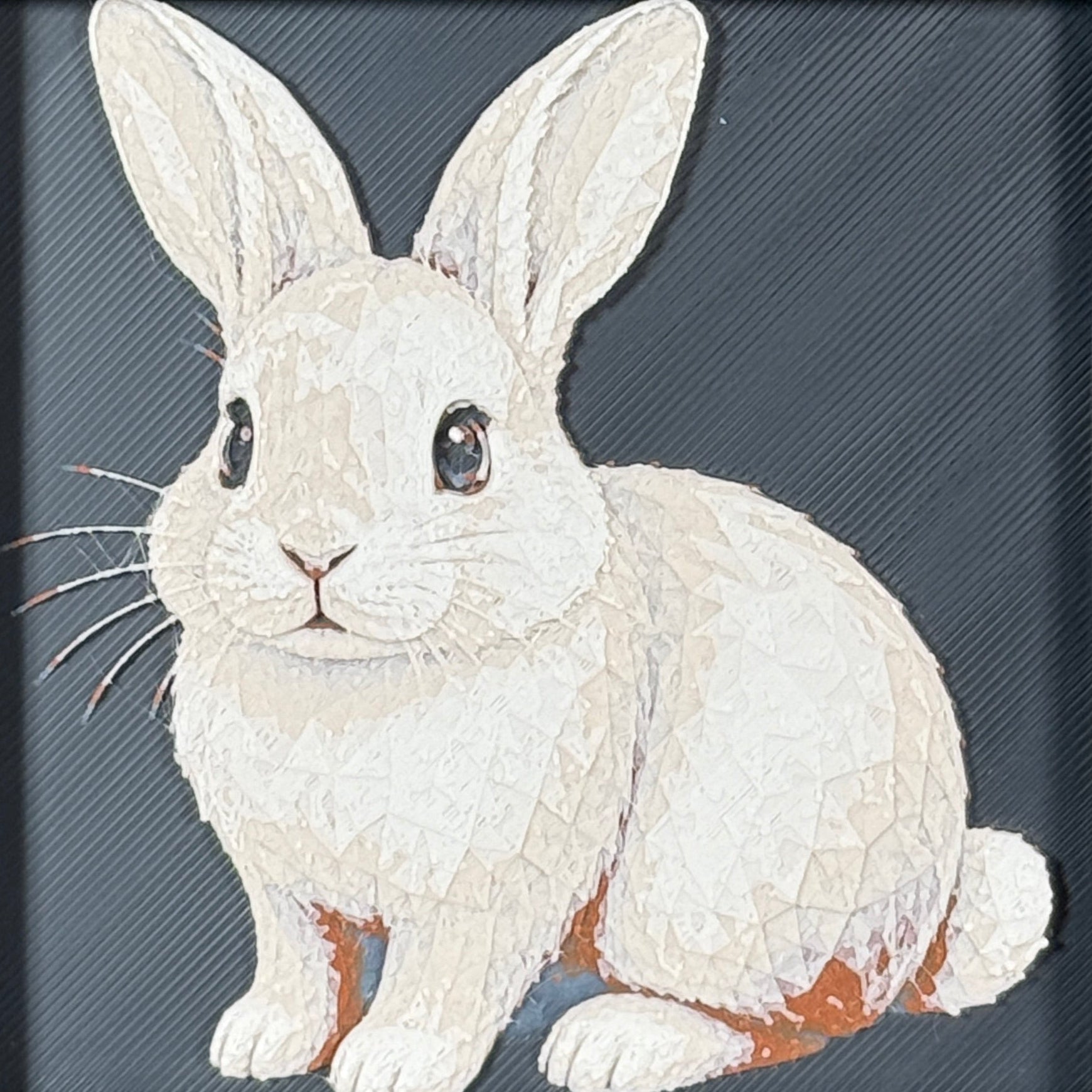 Geometric rabbit framed layered 3D art in Heritage color palette, featuring a rabbit portrait with soft white, gray, black, and neutral layered details inside a charcoal matte display frame.