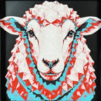 Geometric sheep framed layered 3D art in Crimson Ice color palette, featuring a sheep portrait with cyan, red, black, and white layered details inside a charcoal matte display frame.