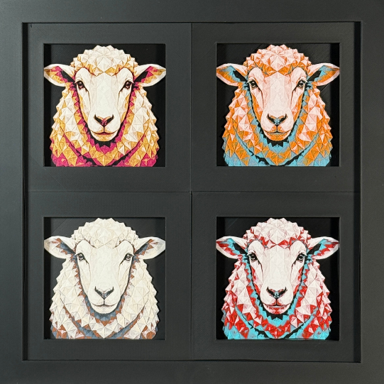Four-panel framed geometric sheep layered art set showing the same front-facing sheep portrait in four WTX3D color palettes, arranged in a charcoal black 2x2 frame with textured wool detail, bright facial features, and high-contrast layered color.