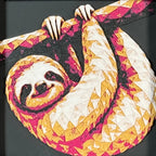 Geometric sloth framed layered 3D art in Royal Gold color palette, featuring a curled sloth design with gold, blue, white, and black layered details inside a charcoal matte display frame.