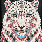Geometric snow leopard framed layered 3D art in Crimson Ice color palette, featuring a snow leopard portrait with cyan, red, black, and white layered details inside a charcoal matte display frame.