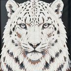 Geometric leopard framed layered 3D art in Heritage color palette, featuring a standing leopard with soft white, gray, black, and neutral layered details inside a charcoal matte display frame.