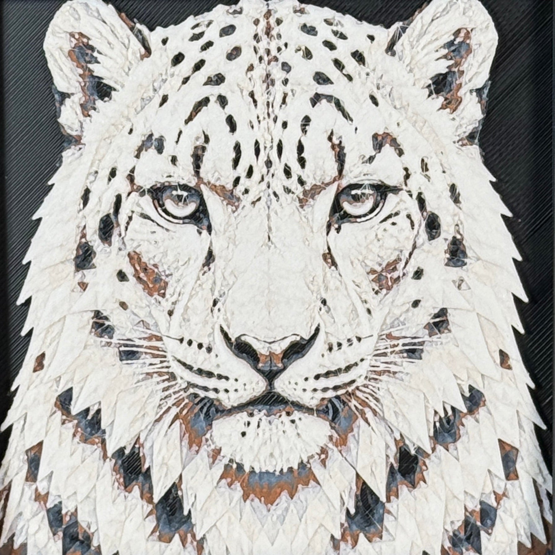 Geometric leopard framed layered 3D art in Heritage color palette, featuring a standing leopard with soft white, gray, black, and neutral layered details inside a charcoal matte display frame.
