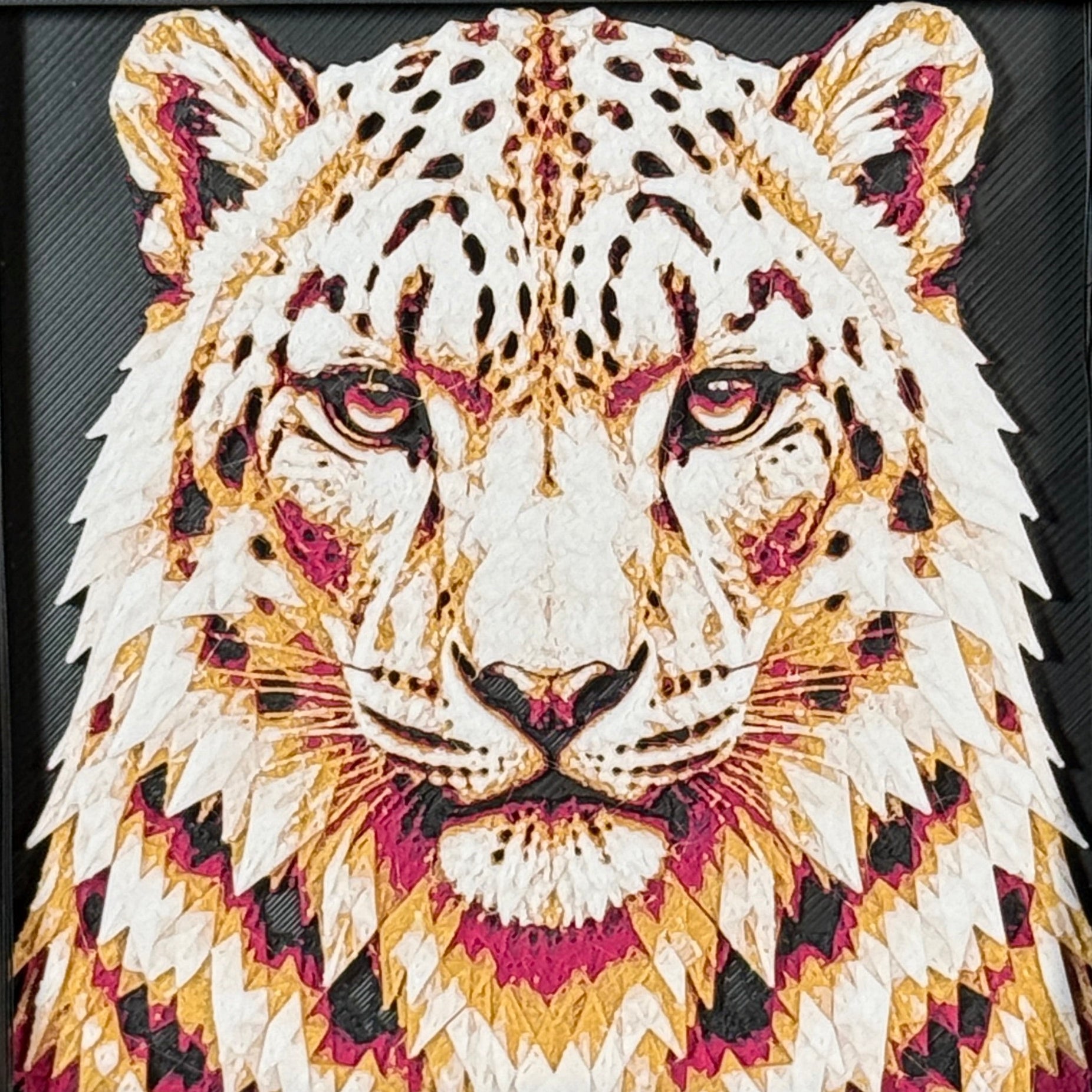 Geometric snow leopard framed layered 3D art in Heritage color palette, featuring a snow leopard portrait with soft white, gray, black, and neutral layered details inside a charcoal matte display frame.