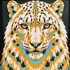 Geometric snow leopard framed layered 3D art in Teal Orange color palette, featuring a snow leopard portrait with turquoise, orange, black, and white layered details inside a charcoal matte display frame.