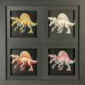Four-panel framed geometric Spinosaurus layered 3D art set showing the Spinosaurus design in Heritage, Crimson Ice, Royal Gold, and Teal Orange color palettes inside a charcoal matte four-pack display frame.