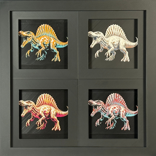 Four-panel framed geometric Spinosaurus layered 3D art set showing the Spinosaurus design in Heritage, Crimson Ice, Royal Gold, and Teal Orange color palettes inside a charcoal matte four-pack display frame.