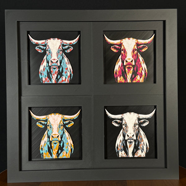 Four-panel framed geometric steer layered 3D art set showing the steer design in Heritage, Crimson Ice, Royal Gold, and Teal Orange color palettes inside a charcoal matte four-pack display frame.