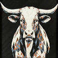 Geometric steer framed layered 3D art in Heritage color palette, featuring a bold steer portrait with soft white, gray, black, and neutral brown layered details inside a charcoal matte display frame.