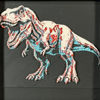 Framed geometric T-Rex layered 3D art piece featuring a stylized dinosaur design in a vibrant Crimson Ice color palette.