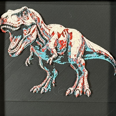 Framed geometric T-Rex layered 3D art piece featuring a stylized dinosaur design in a vibrant Crimson Ice color palette.
