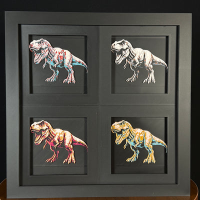 Four-panel framed geometric T-Rex layered 3D art set showing the Triceratops design in Heritage, Crimson Ice, Royal Gold, and Teal Orange color palettes inside a charcoal matte four-pack display frame.