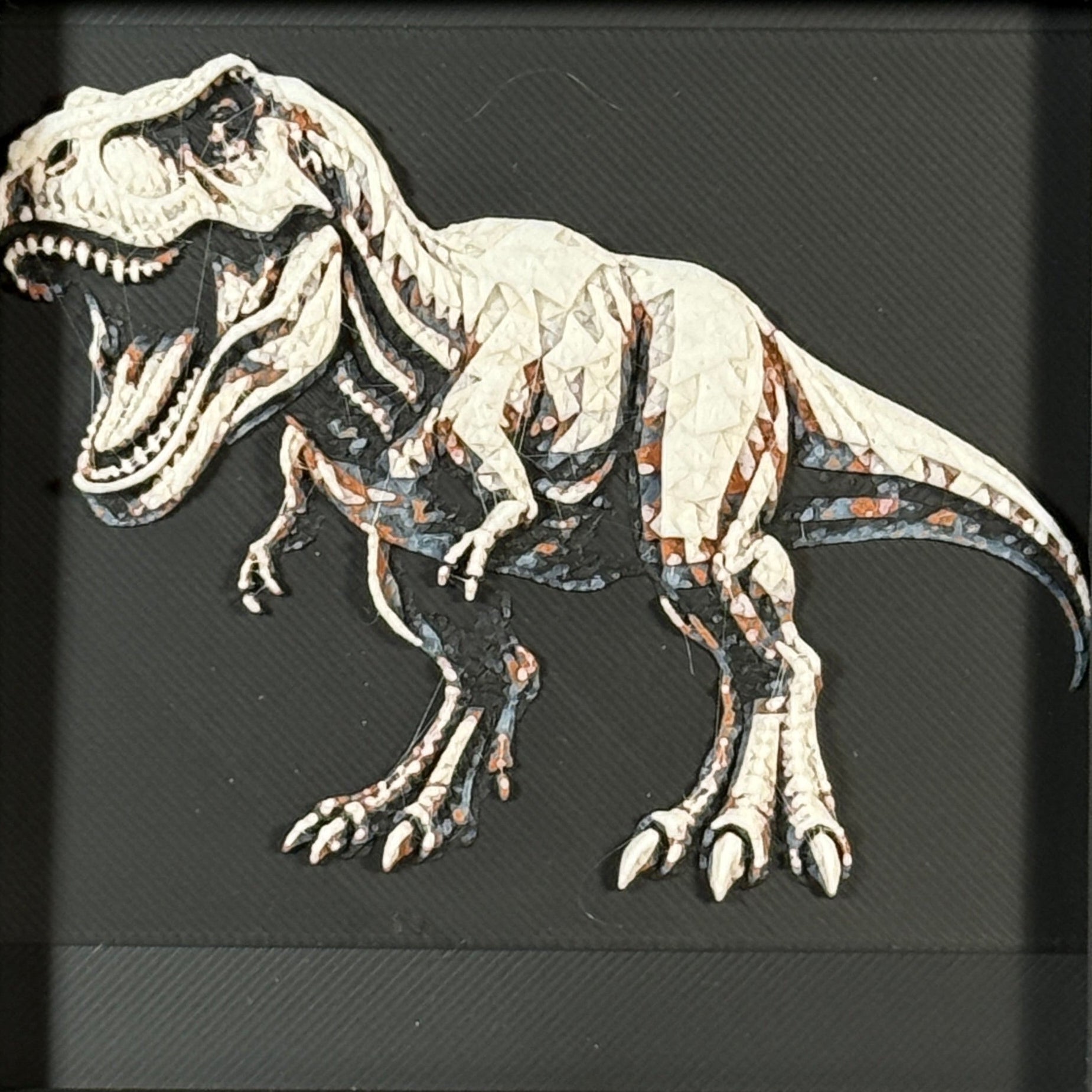 Framed geometric T-Rex layered 3D art piece featuring a stylized dinosaur design in a classic Heritage monochrome grey and white palette.