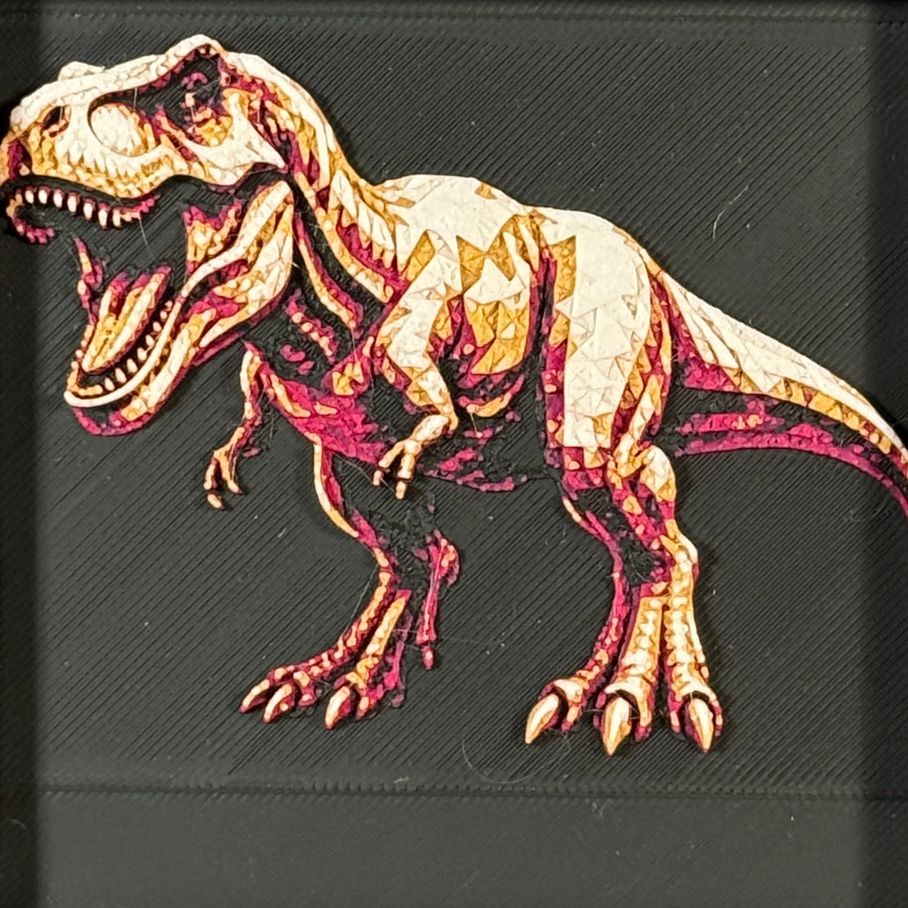 Framed geometric T-Rex layered 3D art piece featuring a stylized dinosaur design in a bright Royal Gold color palette.