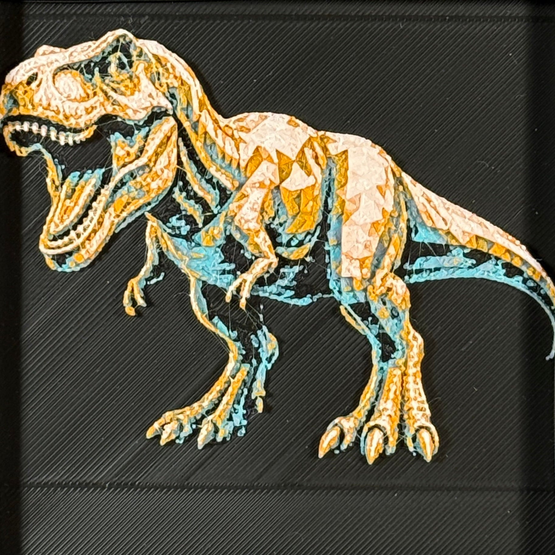 Framed geometric T-Rex layered 3D art piece featuring a stylized dinosaur design in a bright Teal Orange color palette.