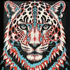 Geometric tiger framed layered 3D art in Crimson Ice color palette, featuring a bold tiger portrait with cyan, red, magenta, black, and white layered details inside a charcoal matte display frame.