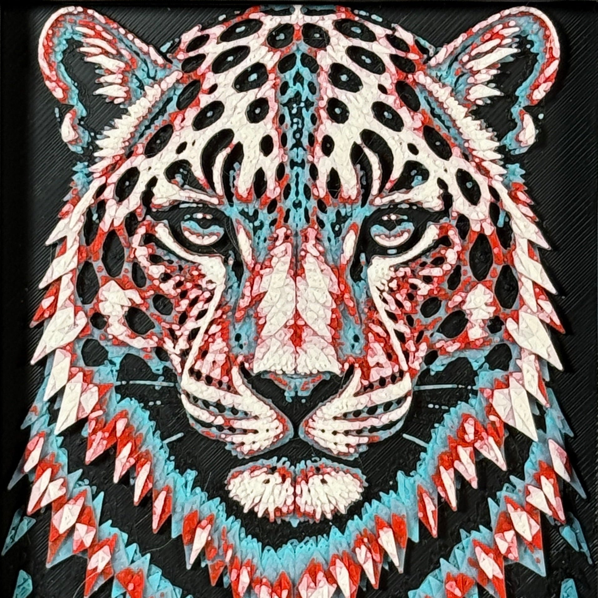 Geometric tiger framed layered 3D art in Crimson Ice color palette, featuring a bold tiger portrait with cyan, red, magenta, black, and white layered details inside a charcoal matte display frame.