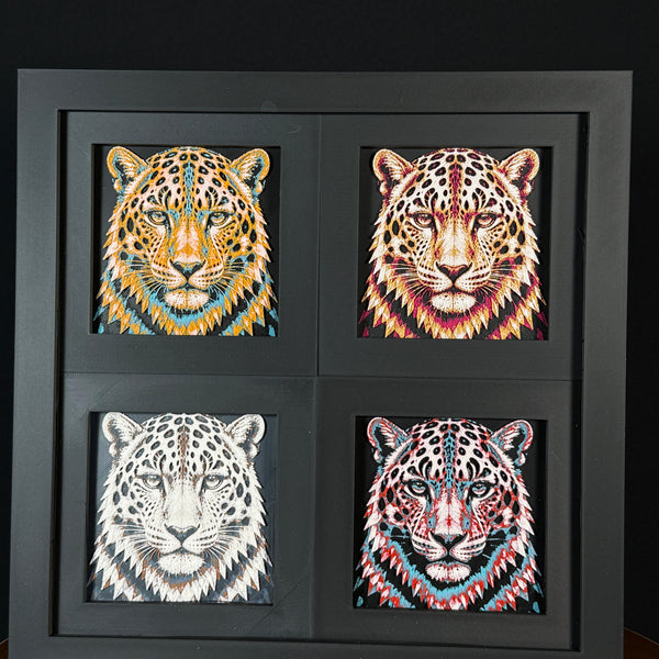 Four-panel framed geometric tiger layered 3D art set showing the tiger design in Heritage, Crimson Ice, Royal Gold, and Teal Orange color palettes inside a charcoal matte four-pack display frame.