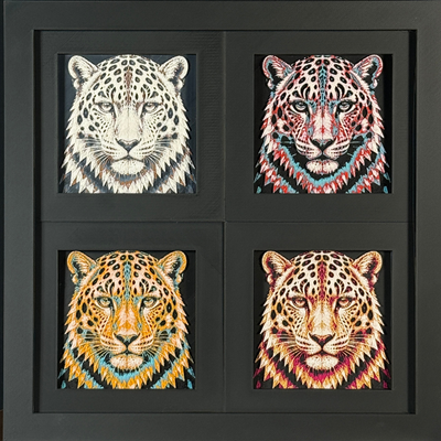 Four-panel framed geometric tiger layered 3D art set showing the tiger design in Heritage, Crimson Ice, Royal Gold, and Teal Orange color palettes inside a charcoal matte four-pack display frame.