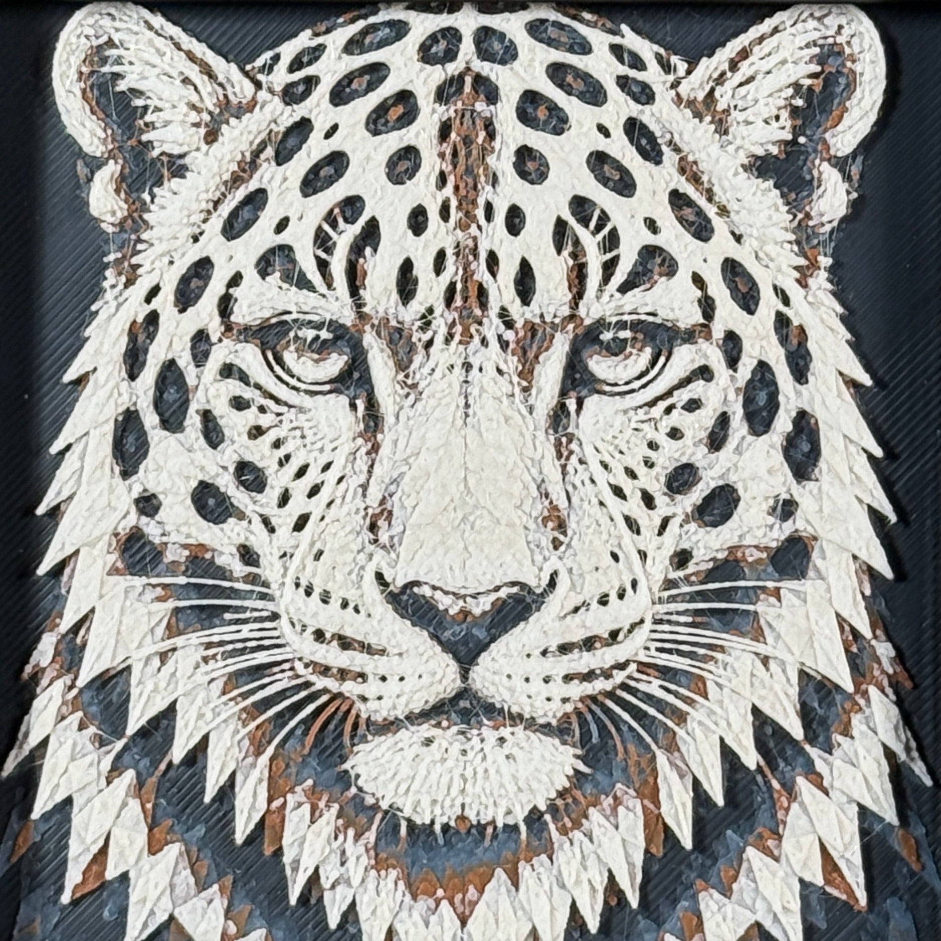 Geometric tiger framed layered 3D art in Heritage color palette, featuring a bold tiger portrait with soft white, gray, black, and neutral brown layered details inside a charcoal matte display frame.