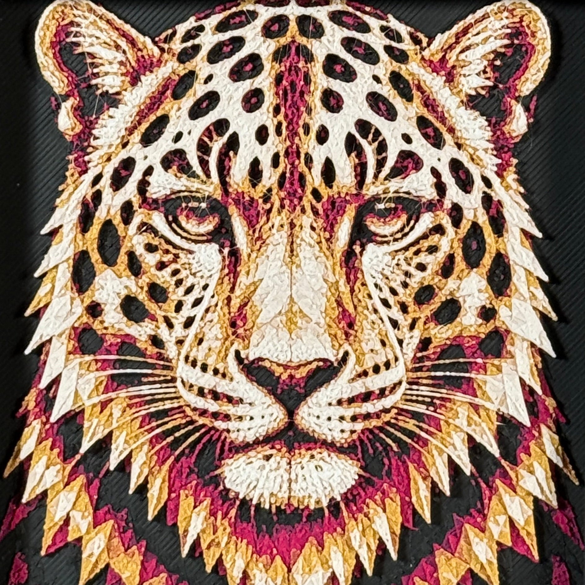 Geometric tiger framed layered 3D art in Royal Gold color palette, featuring a bold tiger portrait with gold, blue, black, and white layered details inside a charcoal matte display frame.