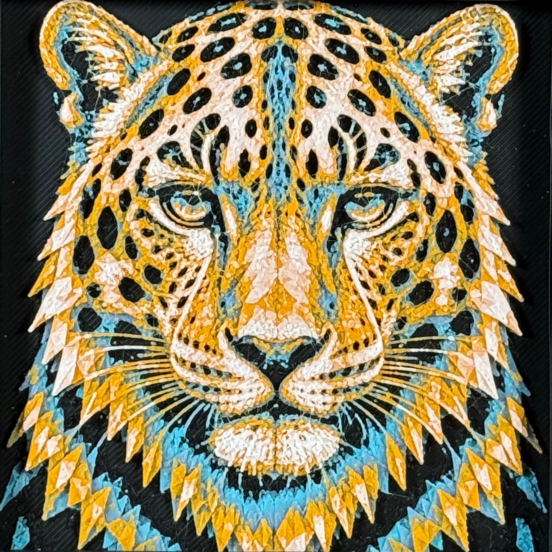 Four-panel framed geometric mountain lion layered 3D art set showing the mountain lion design in Heritage, Crimson Ice, Royal Gold, and Teal Orange color palettes inside a charcoal matte four-pack display frame.