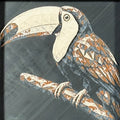 Geometric toucan framed layered 3D art in Heritage color palette, featuring a toucan portrait with soft white, gray, black, and neutral brown layered details inside a charcoal matte display frame.