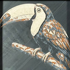 Geometric toucan framed layered 3D art in Heritage color palette, featuring a toucan portrait with soft white, gray, black, and neutral brown layered details inside a charcoal matte display frame.