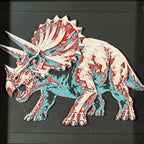 Framed geometric Triceratops layered 3D art piece featuring a stylized dinosaur design in a vibrant Crimson Ice color palette with red and blue tones.