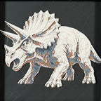 Framed geometric Triceratops layered 3D art piece featuring a stylized dinosaur design in a classic Heritage monochrome grey and white palette.